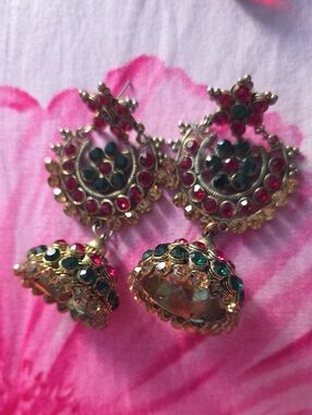 Gold-Tone Red & Green Jhumka Earrings